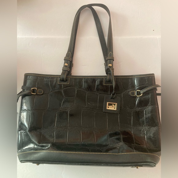 Dooney & Bourke Black Crocodile-Embossed Shoulder Bag Gold Hardware Vintage